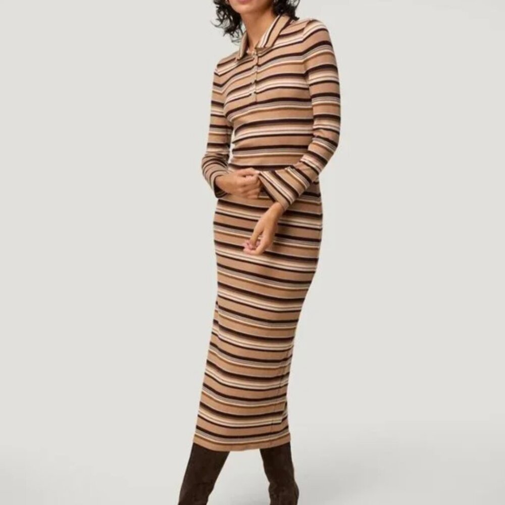 Rouje Long Sleeve Striped Knit Maxi Dress in Beige, Brown and Black